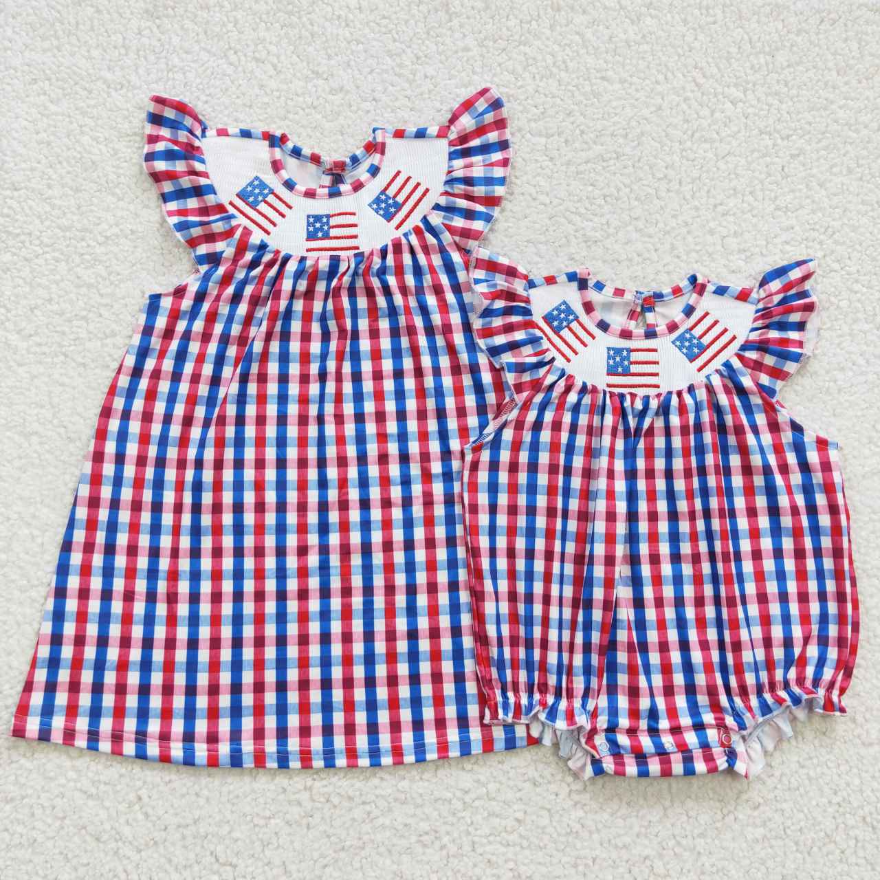 GSD0387 4th Of July Blue Red Flag Embroidery Girls Short Sleeve Dresses