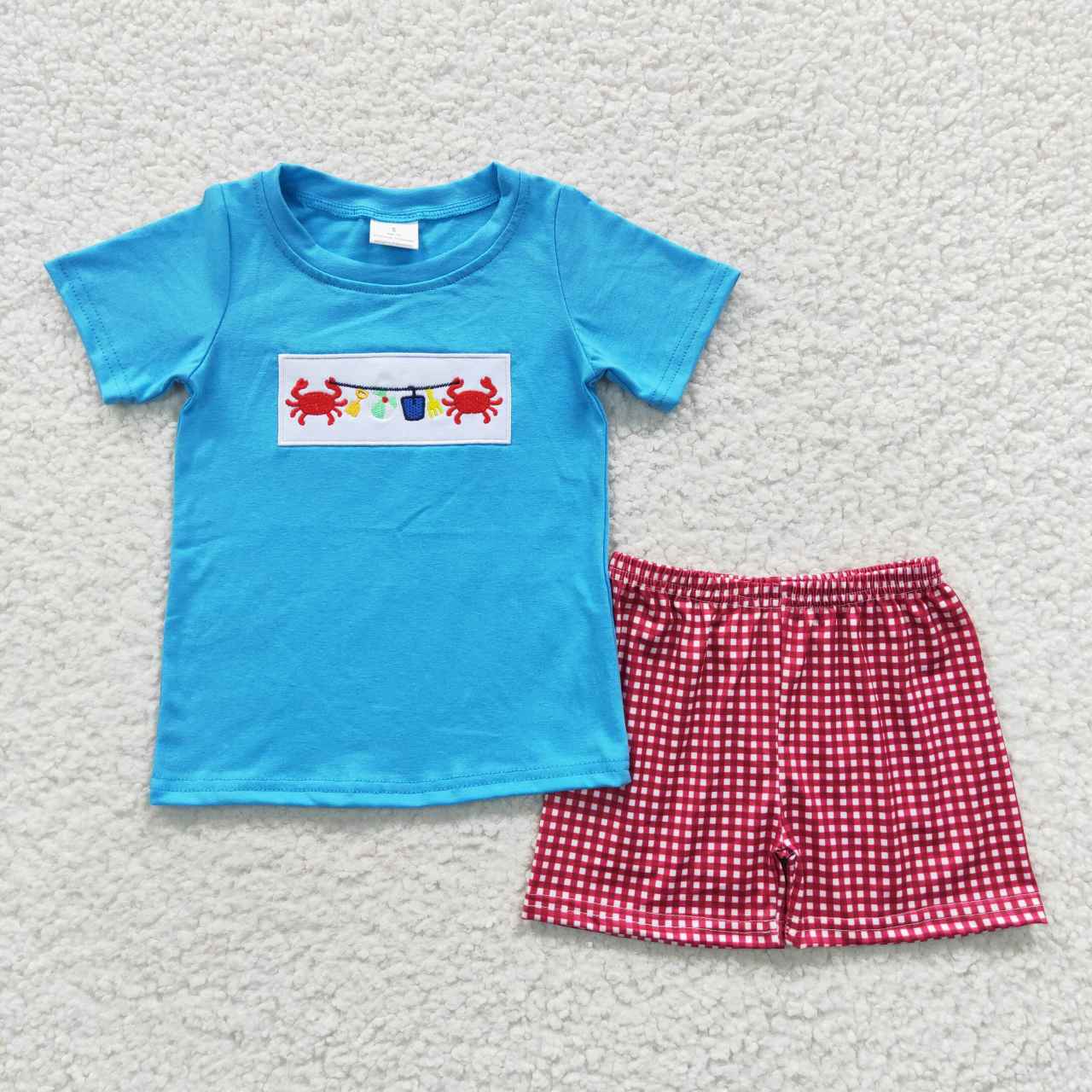 BSSO0247 Red Blue Crab Crawfish Embroidery Boys Short Sleeve Shorts Outfits