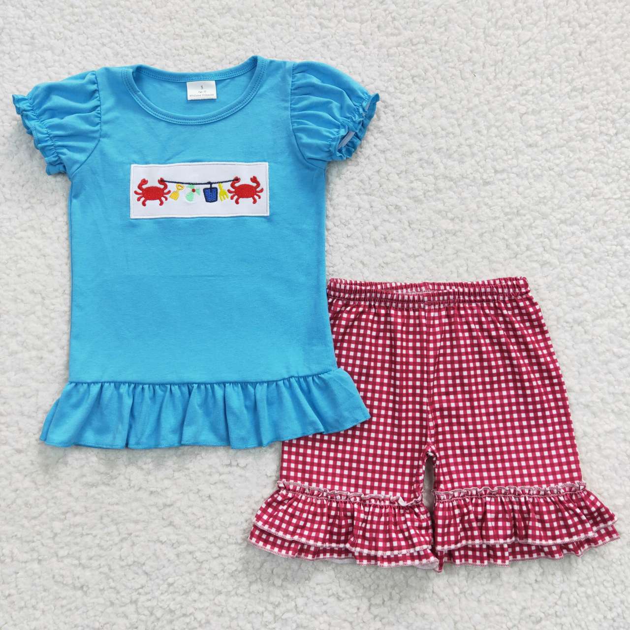 GSSO0274 Red Blue Crab Crawfish Embroidery Girls Short Sleeve Shorts Outfits