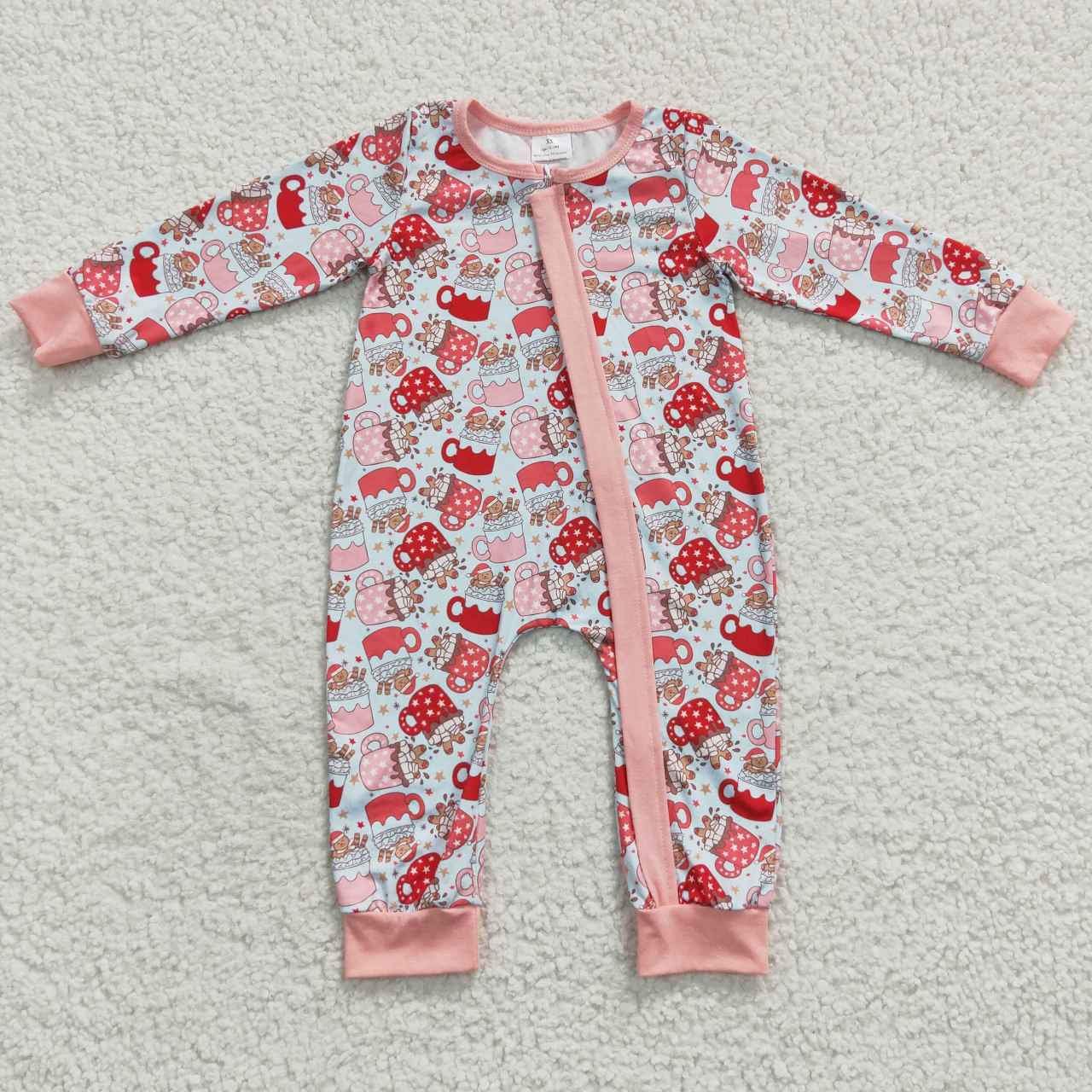 LR0294 Christmas Santa Tree Blue Zipper Girls Long Sleeve Romper