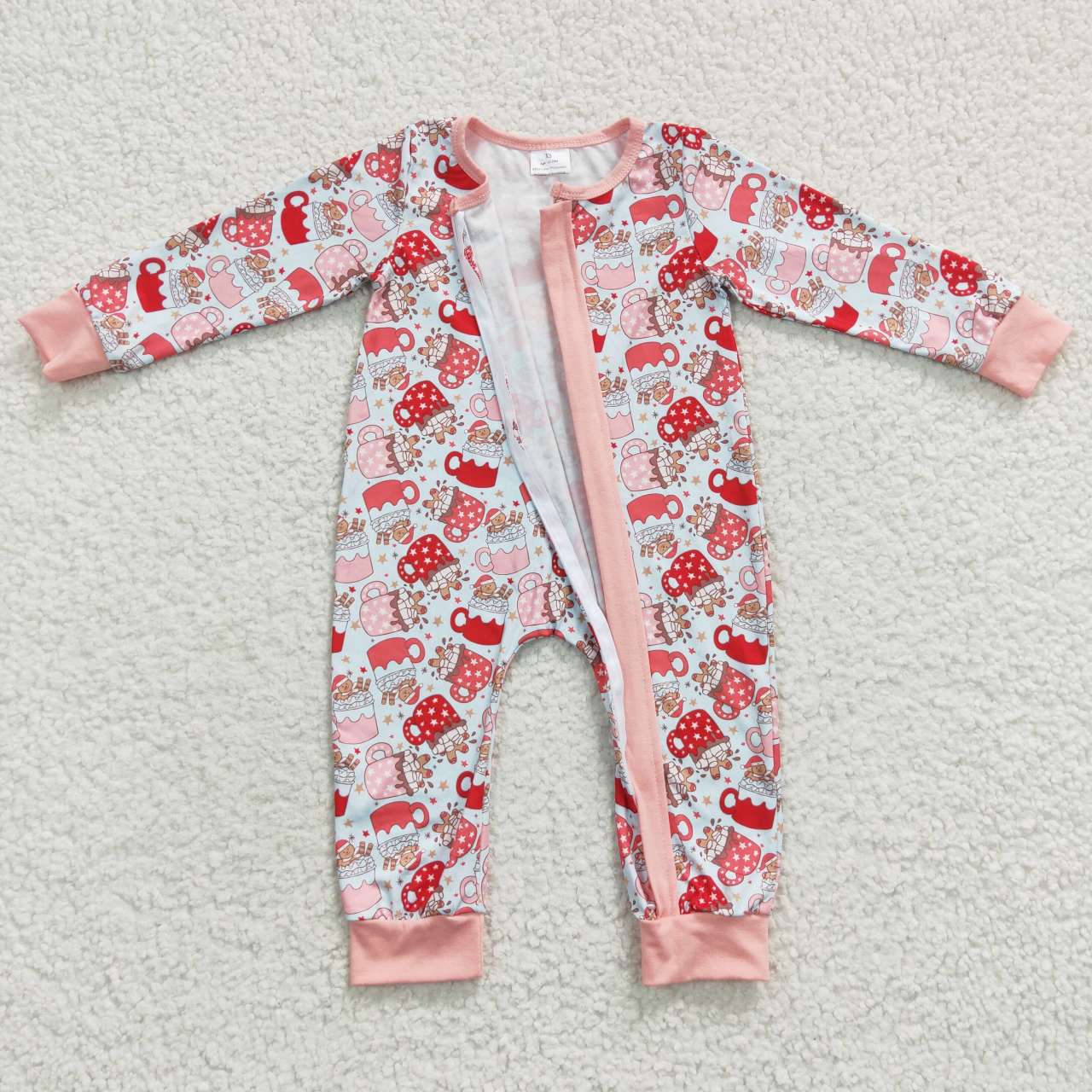 LR0294 Christmas Santa Tree Blue Zipper Girls Long Sleeve Romper