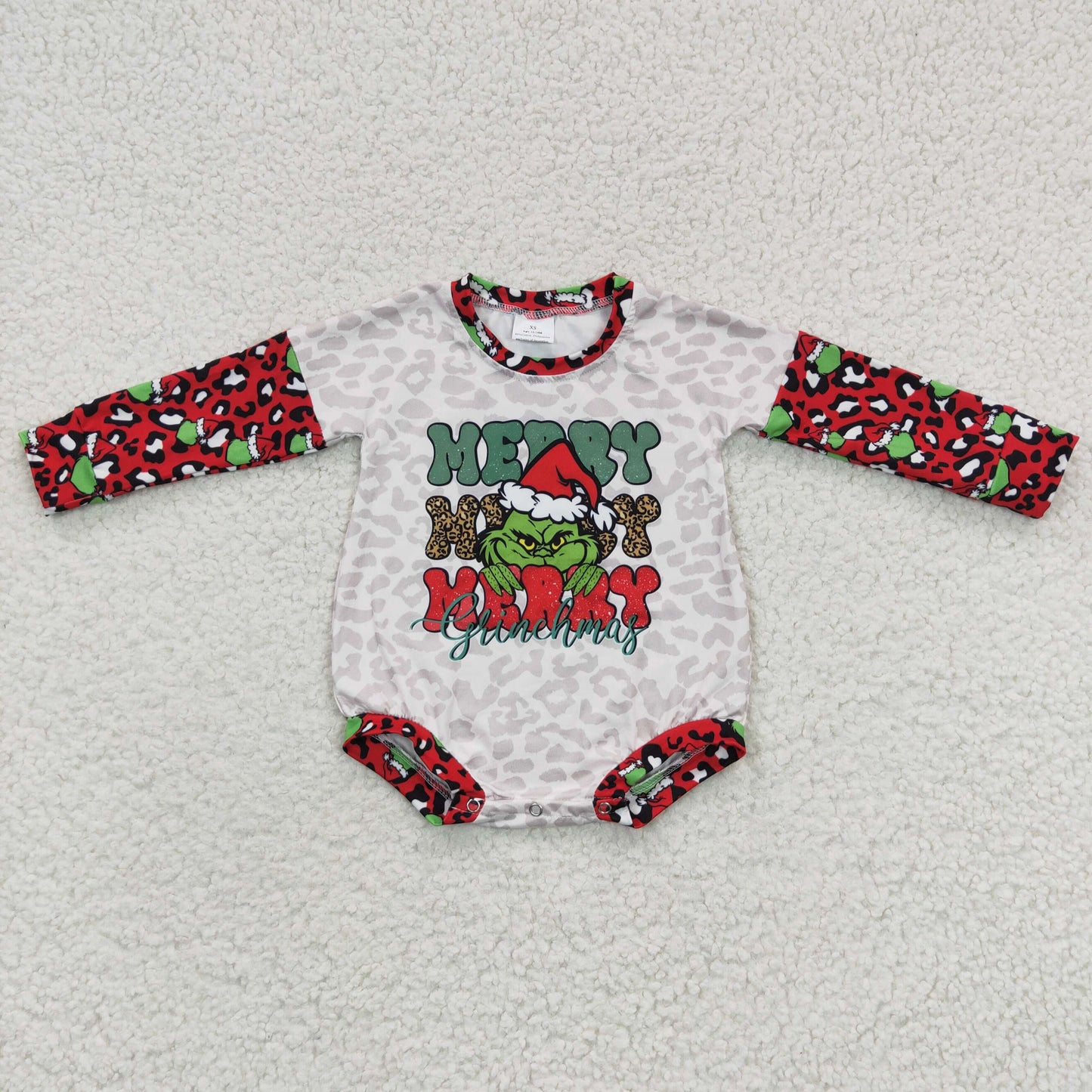 LR0279 Merry Christmas Red Green Leopard Cartoon Girls Long Sleeve Romper