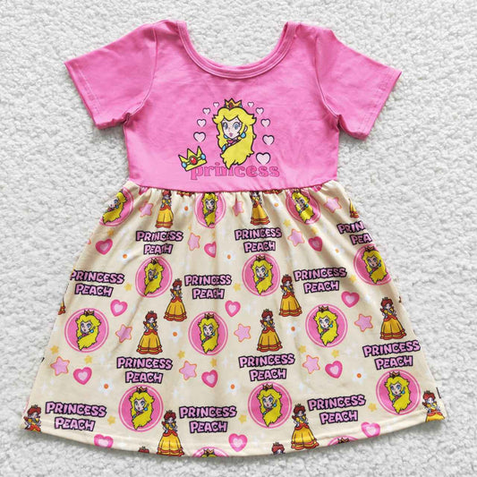 GSD0389 Pink Princess Peach Yellow Cartoon Girls Short Sleeve Dresses