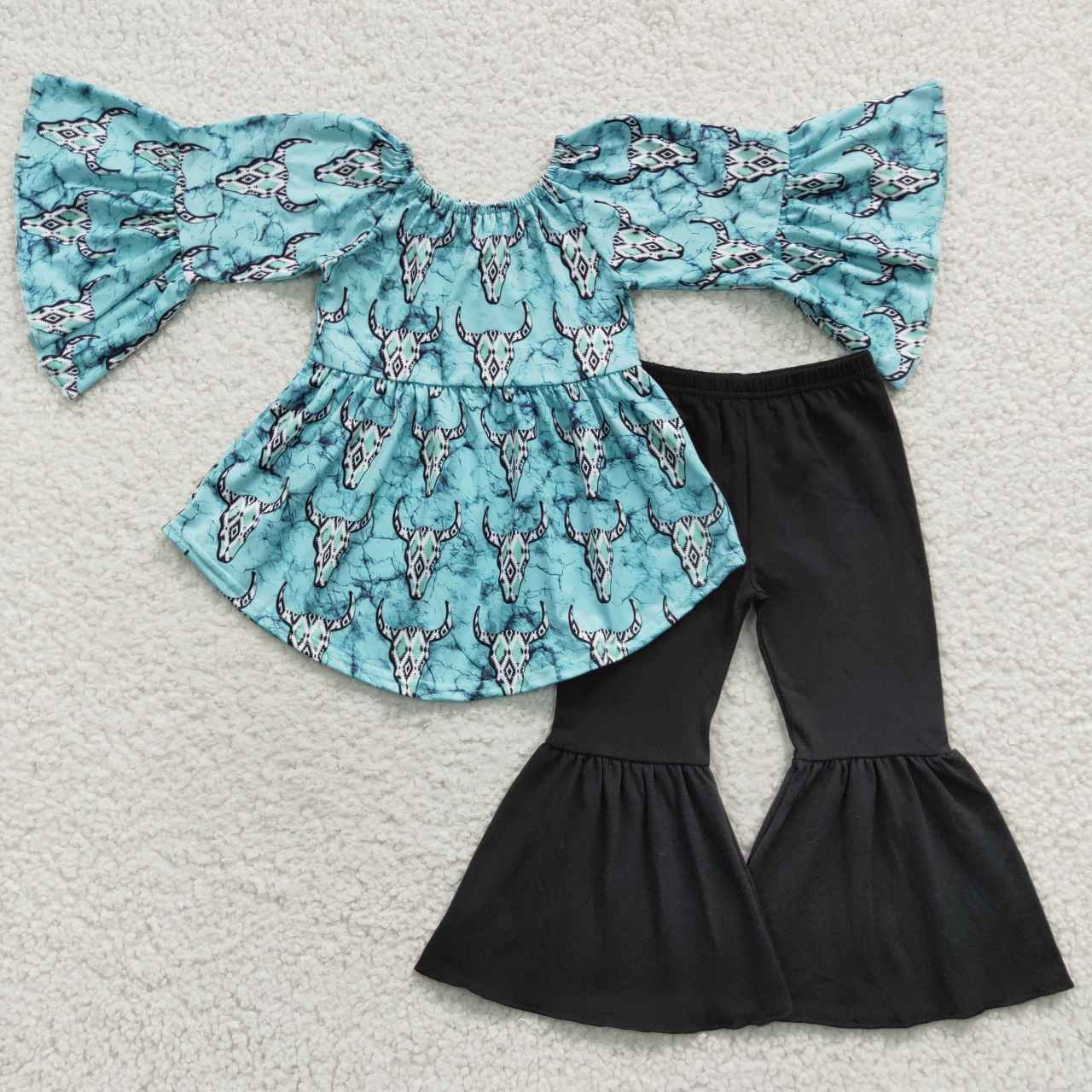 GSP0666 Blue Black Highland Cow Tunic Girls Long Sleeve Pants Outfits