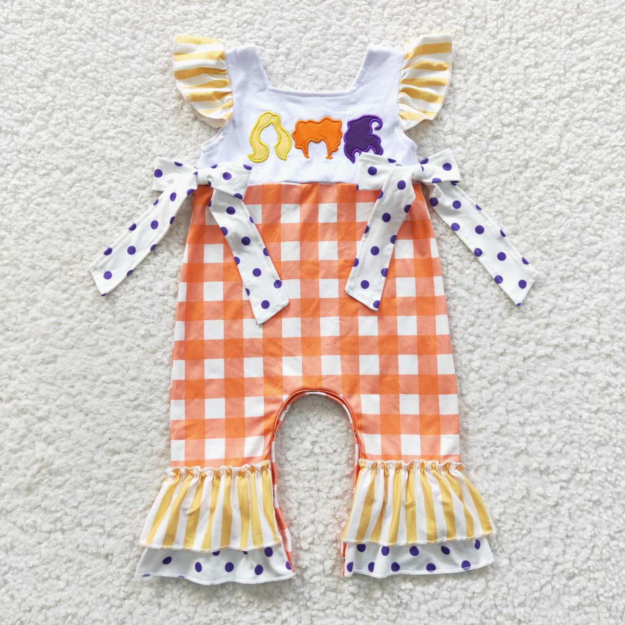 SR0383 Halloween Witch Orange Cartoon Embroidery Girls Short Sleeve Romper