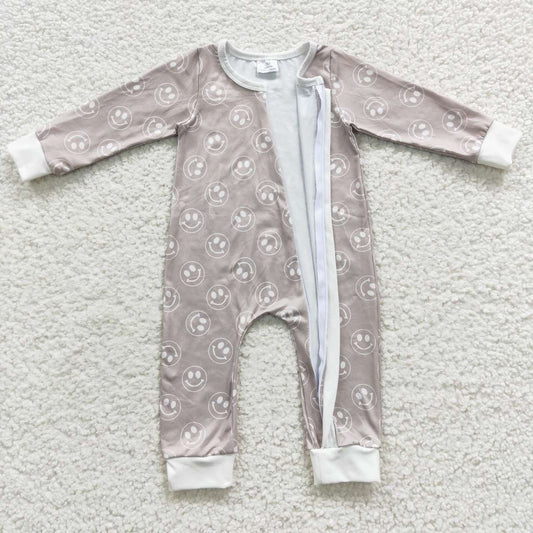 LR0310 Grey Smile Emoji Zipper Girls Long Sleeve Romper
