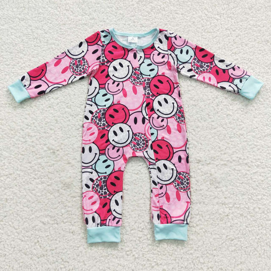 LR0302 Pink Smile Emoji Zipper Girls Long Sleeve Romper