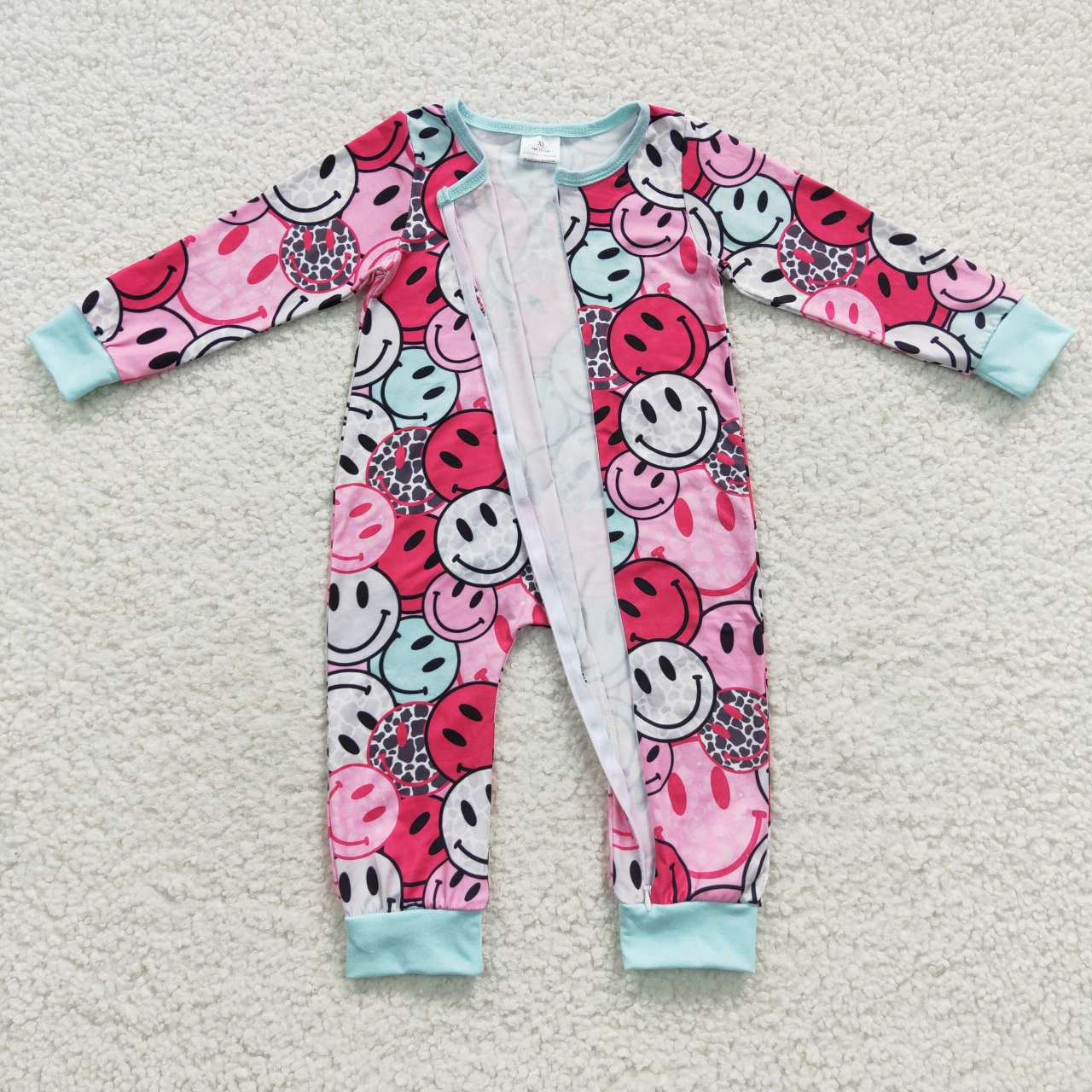 LR0302 Pink Smile Emoji Zipper Girls Long Sleeve Romper