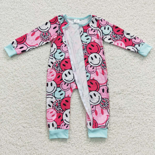 LR0302 Pink Smile Emoji Zipper Girls Long Sleeve Romper