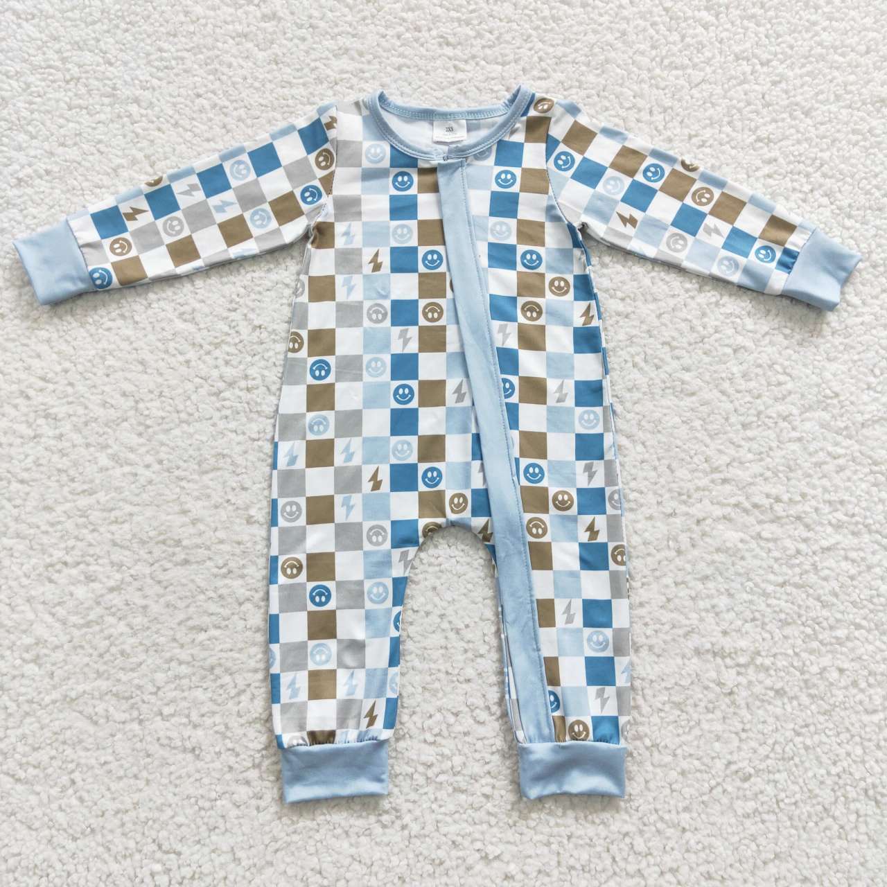 LR0313 Blue Smile Emoji Zipper Girls Long Sleeve Romper