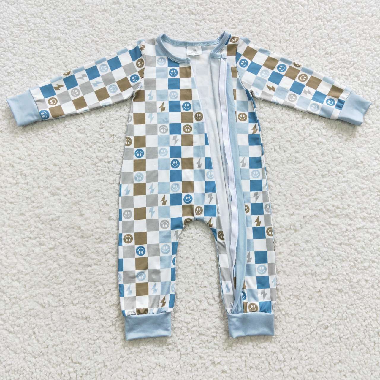 LR0313 Blue Smile Emoji Zipper Girls Long Sleeve Romper