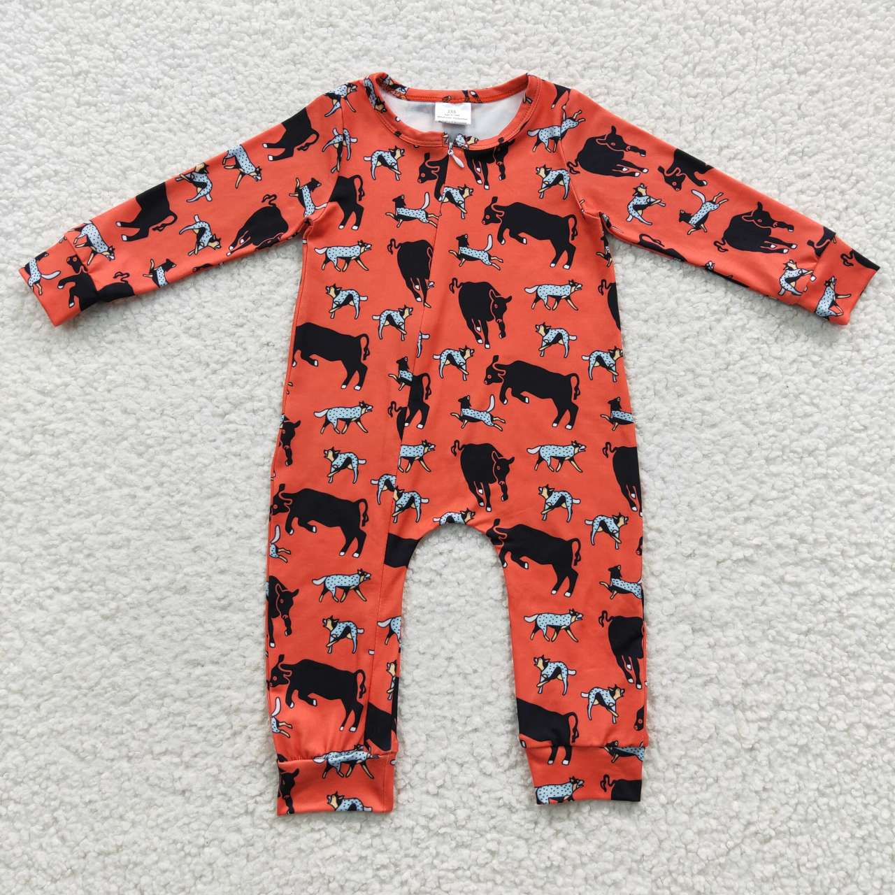LR0342 Pink Cow Zipper Girls Long Sleeve Romper