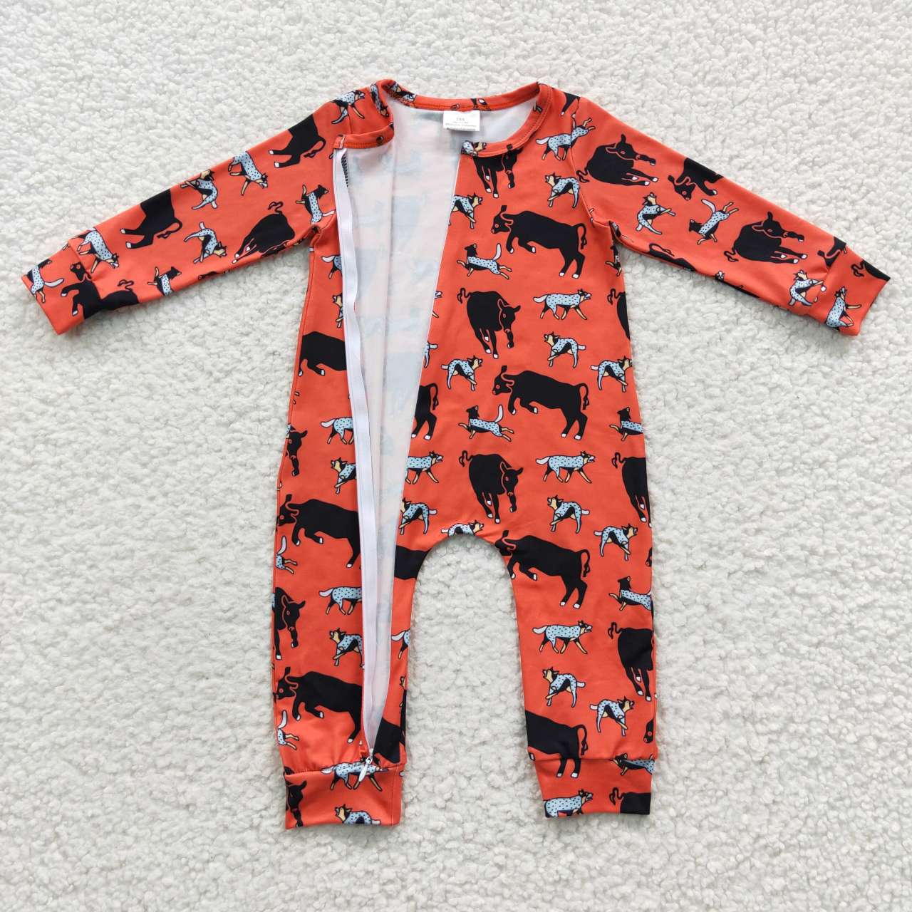 LR0342 Pink Cow Zipper Girls Long Sleeve Romper