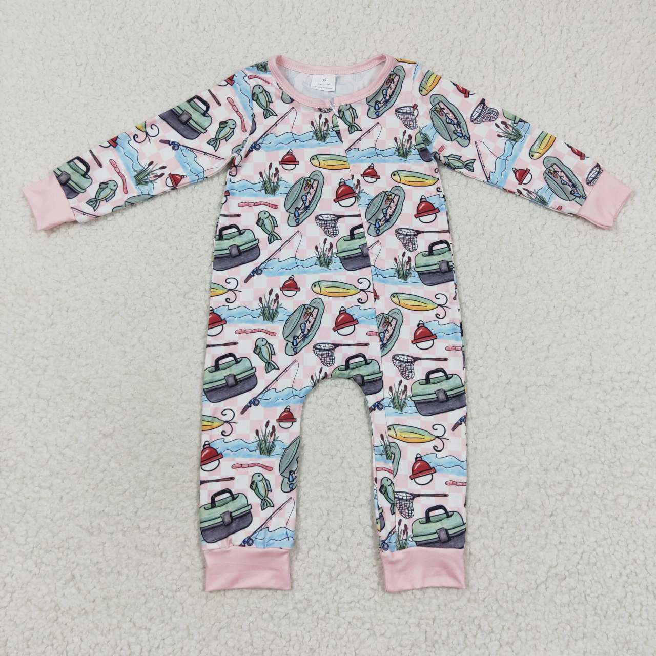 LR0222 Pink Blue Fish Zipper Girls Long Sleeve Romper
