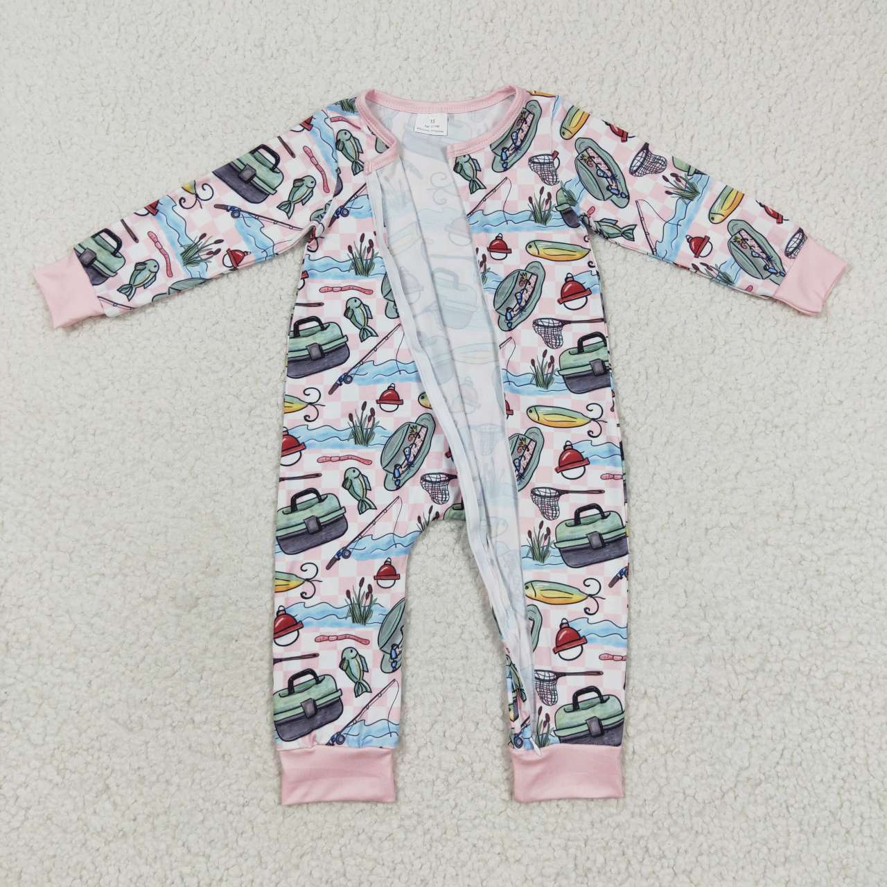 LR0222 Pink Blue Fish Zipper Girls Long Sleeve Romper
