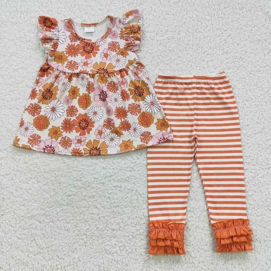 GSPO0674 Floral Orange Girls Short Sleeve Pants Outfits