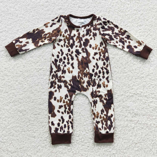 LR0308 Brown Cow Print Zipper Girls Long Sleeve Romper