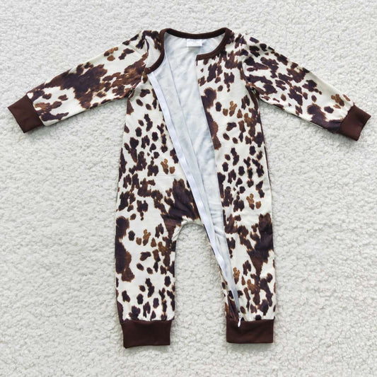 LR0308 Brown Cow Print Zipper Girls Long Sleeve Romper