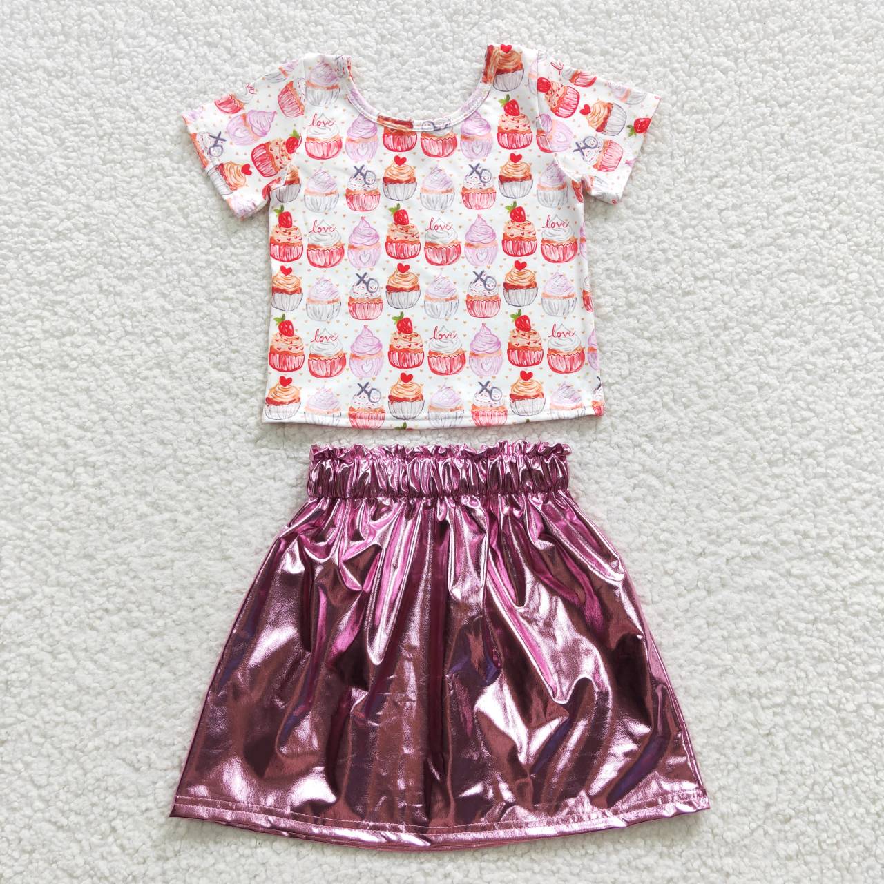 GSD0412 2pcs GT0204 Valentine Love Pink Cake GLK0412 Pink leather Skirt Dresses Girls Short Sleeve Shorts Outfits