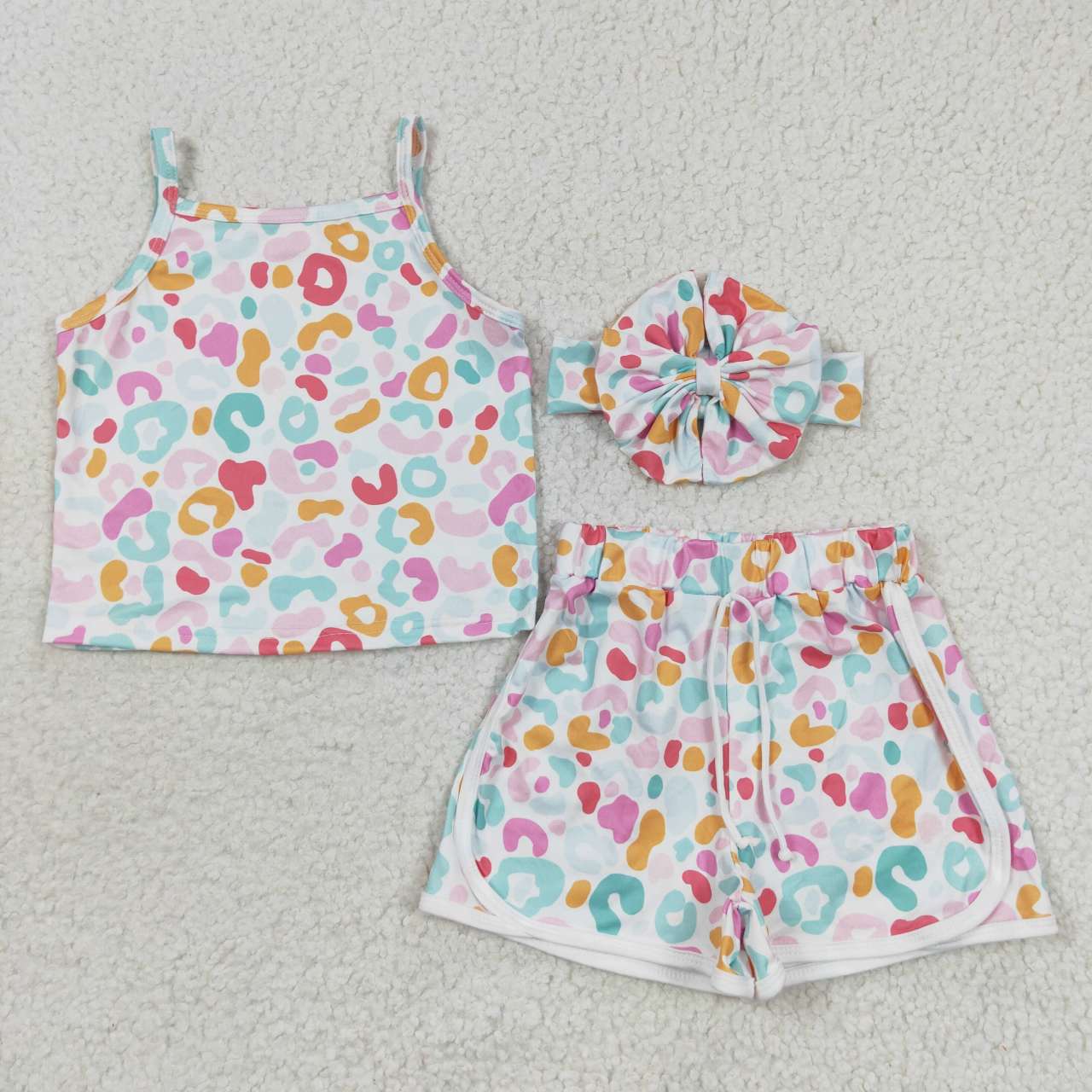 GSSO0342 Leopard Pink With Bow 3pcs Girls Short Sleeve Shorts Outfits