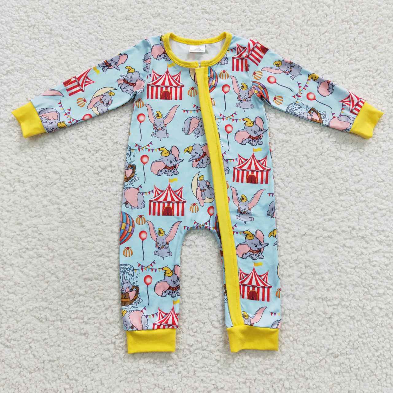 LR0346 Blue Yellow Alaphant Cartoon Print Zipper Girls Long Sleeve Romper