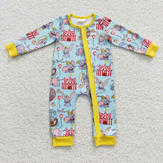 LR0346 Blue Yellow Alaphant Cartoon Print Zipper Girls Long Sleeve Romper