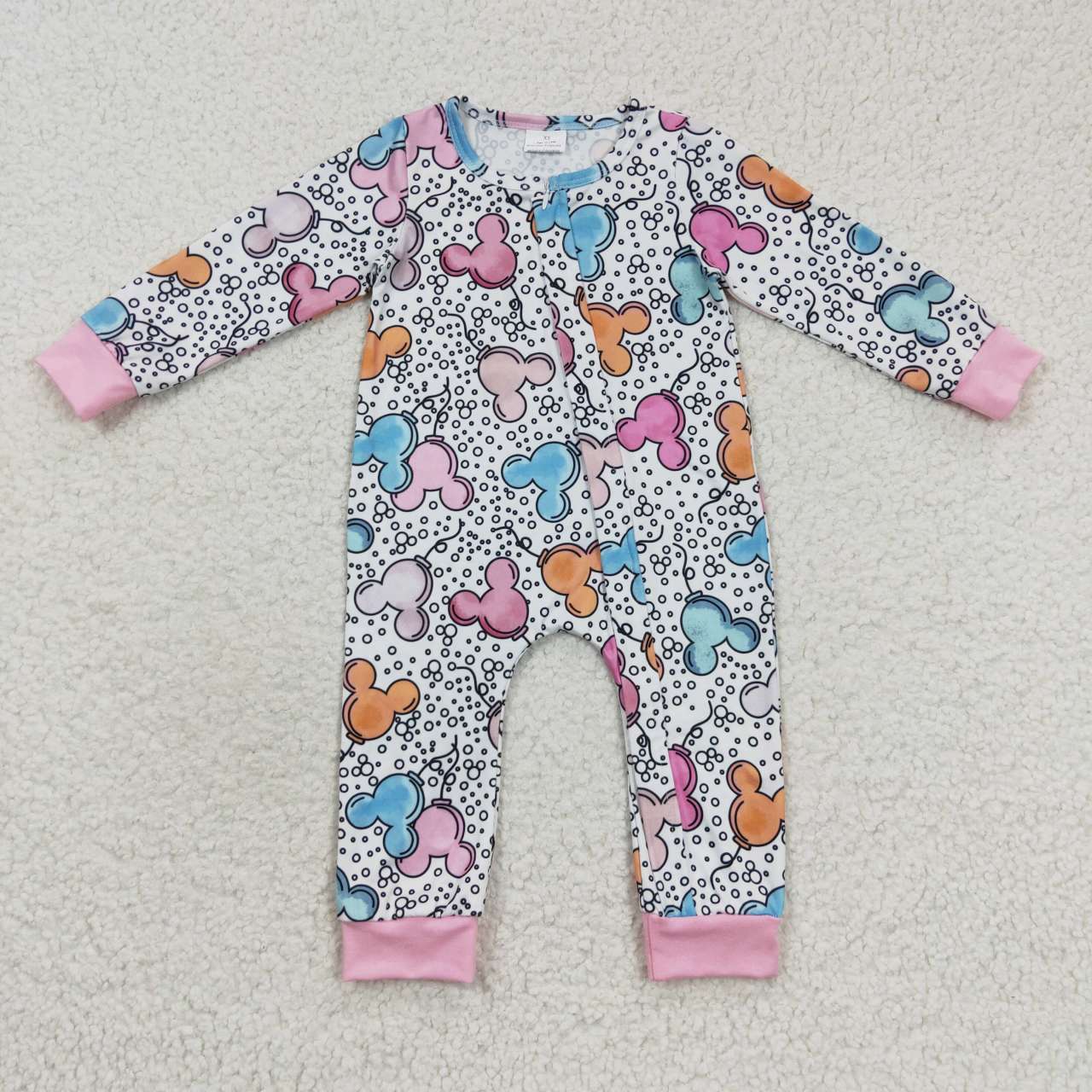 LR0300 Pink Blue Leopard M Cartoon Print Zipper Girls Long Sleeve Romper