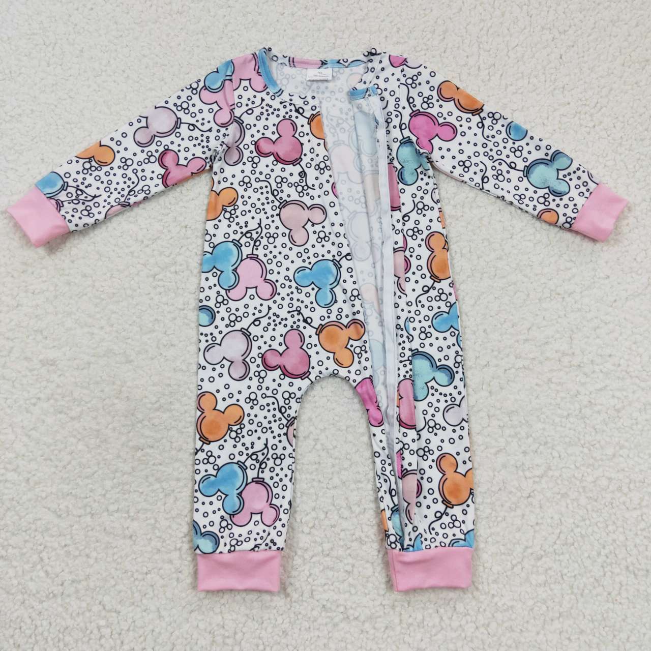 LR0300 Pink Blue Leopard M Cartoon Print Zipper Girls Long Sleeve Romper
