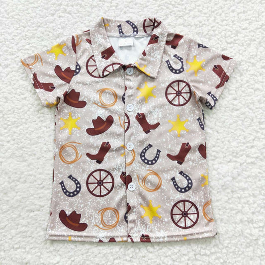 BT0236 Brown Cowboy Western Boys Short Sleeve Top Collar T-Shirts