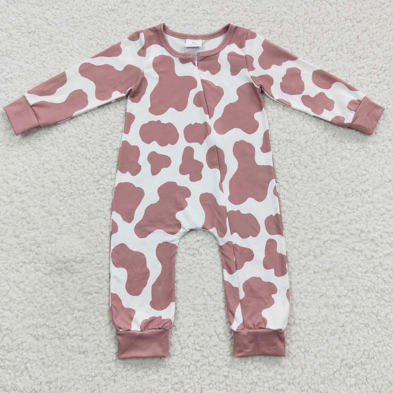 LR0333 Brown Cow Print Zipper Girls Long Sleeve Romper