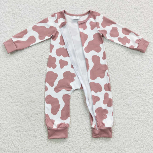 LR0333 Brown Cow Print Zipper Girls Long Sleeve Romper