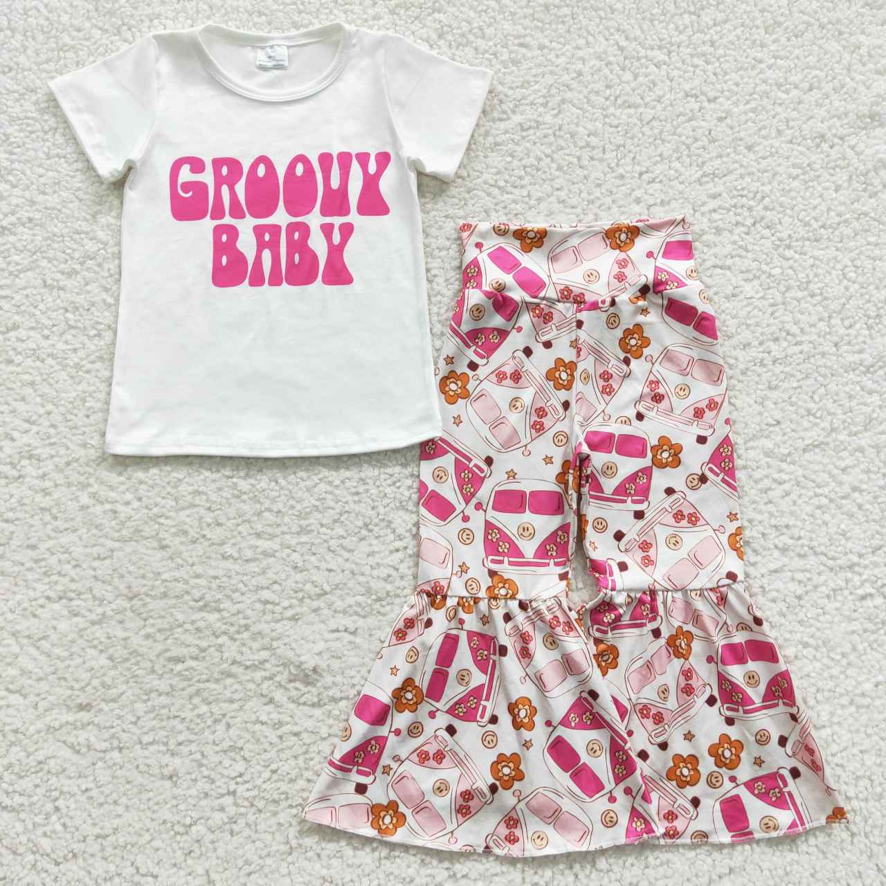 GSPO0718 Groouy Baby Pink Bus Girls Short Sleeve Pants Outfits