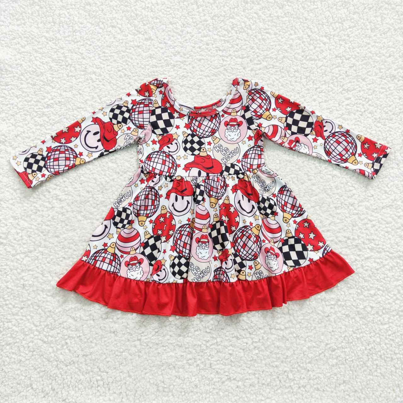 GLD0209 Christmas Red Santa Howdy Smile Cartoon Girls Long Sleeve Dresses
