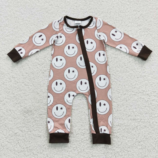 LR0332 Brown Smile Emoji Zipper Girls Long Sleeve Romper