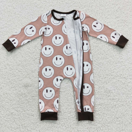 LR0332 Brown Smile Emoji Zipper Girls Long Sleeve Romper