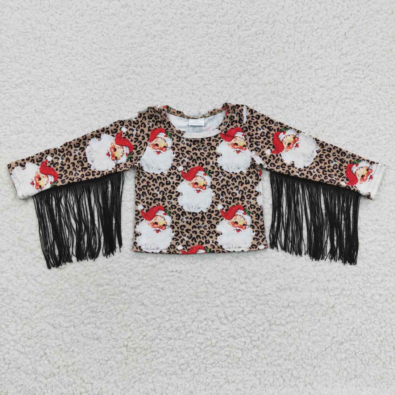 GT0186 Christmas Leopard Santa Red Tassel Girls Short Sleeve Top T-shirts
