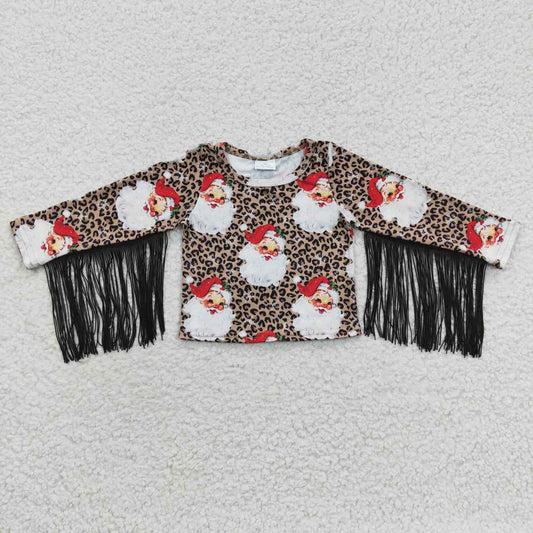 GT0186  Christmas  Leopard Santa Red Tassel Girls Short Sleeve Top T-shirts RTS Free Shipping Over $100