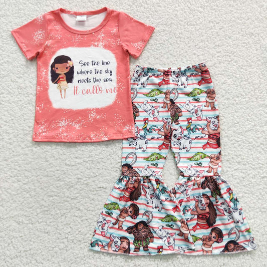 GSPO0677 Pink Blue Cartoon See The Line Where The Sky meets the sea calls me Girls Short Sleeve Pants Outfits