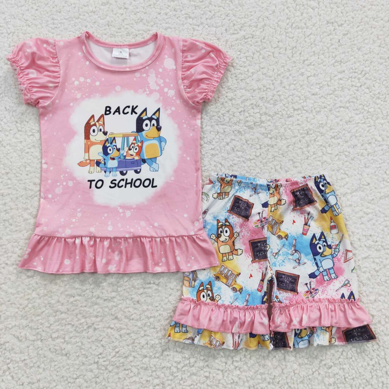 GSSO0360 Back To School Pink Blue Dog Cartoon Print Girls Short Sleeve Shorts Outfits