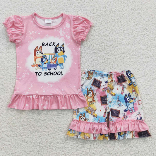 GSSO0360 Back To School  Pink Blue Dog Cartoon Print Girls Short Sleeve Shorts Outfits
