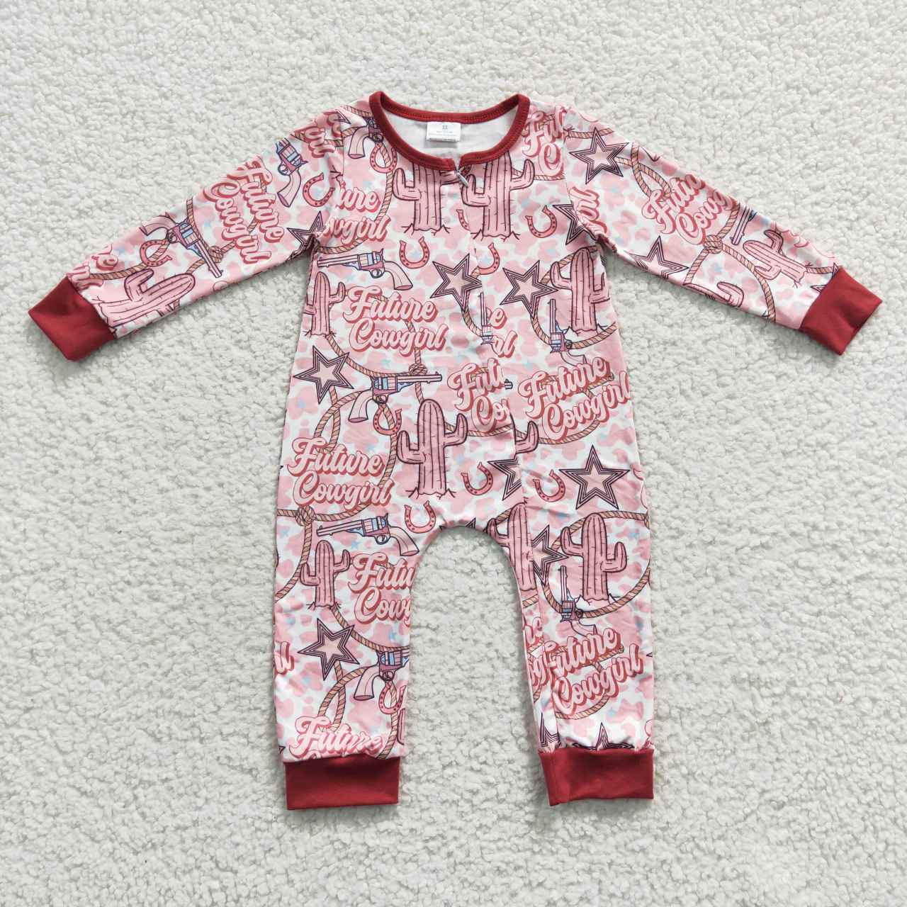 LR0306 Red Future Cowgirl Cactus Print Zipper Girls Long Sleeve Romper