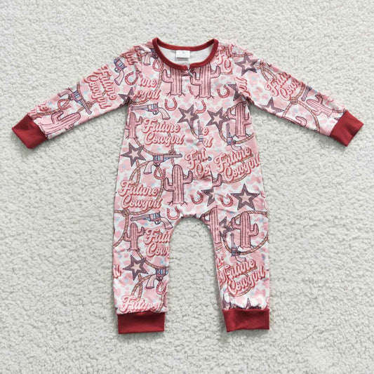 LR0306 Red Future Cowgirl Cactus Print Zipper Girls Long Sleeve Romper