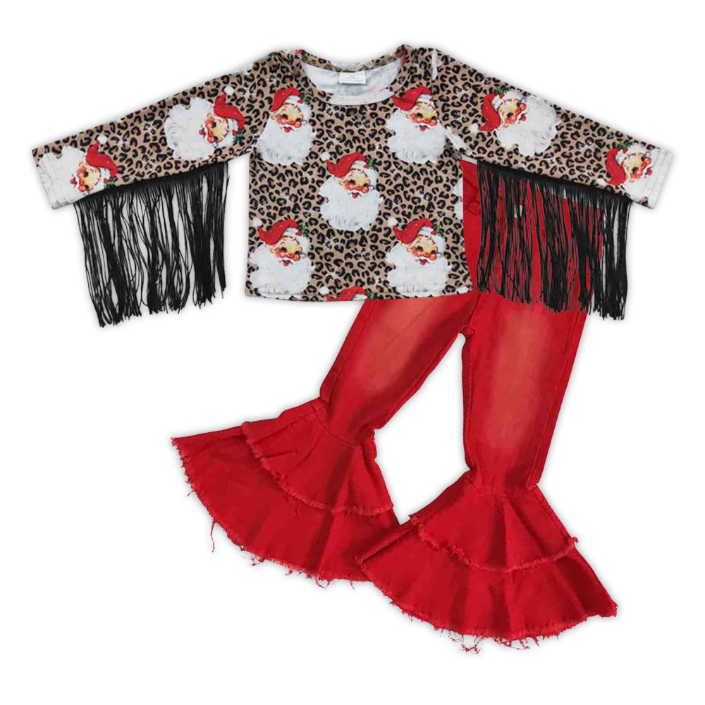 GLP0595 2Pcs 2Pcs GT0186 Christmas Red Leopard Top + P0006 Red Denim Girls Long Sleeve Bell Bottom Pants Outfits