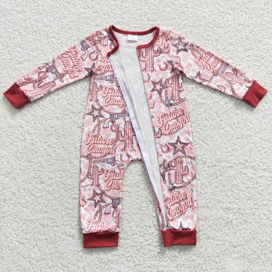 LR0306 Red Future Cowgirl Cactus Print Zipper Girls Long Sleeve Romper