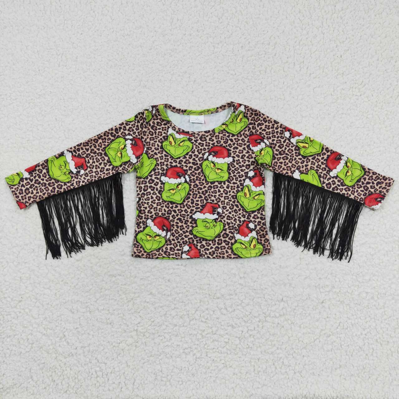 GT0190 Christmas Leopard Santa Green Tassel Girls Short Sleeve Top T-shirts