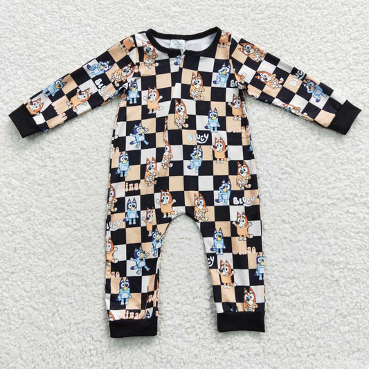 LR0359 Black Plaid Blue Dog Cartoon Print Zipper Girls Long Sleeve Romper