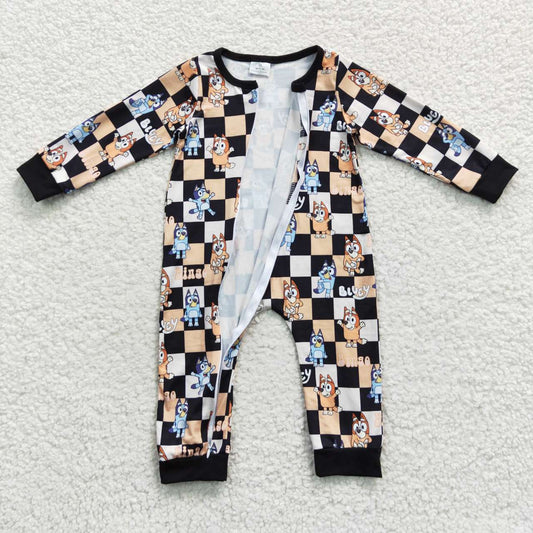 LR0359 Black Plaid Blue Dog Cartoon Print Zipper Girls Long Sleeve Romper