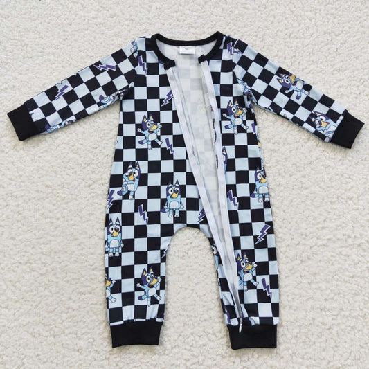 LR0303 Black Plaid Blue Dog Cartoon Print Zipper Girls Long Sleeve Romper