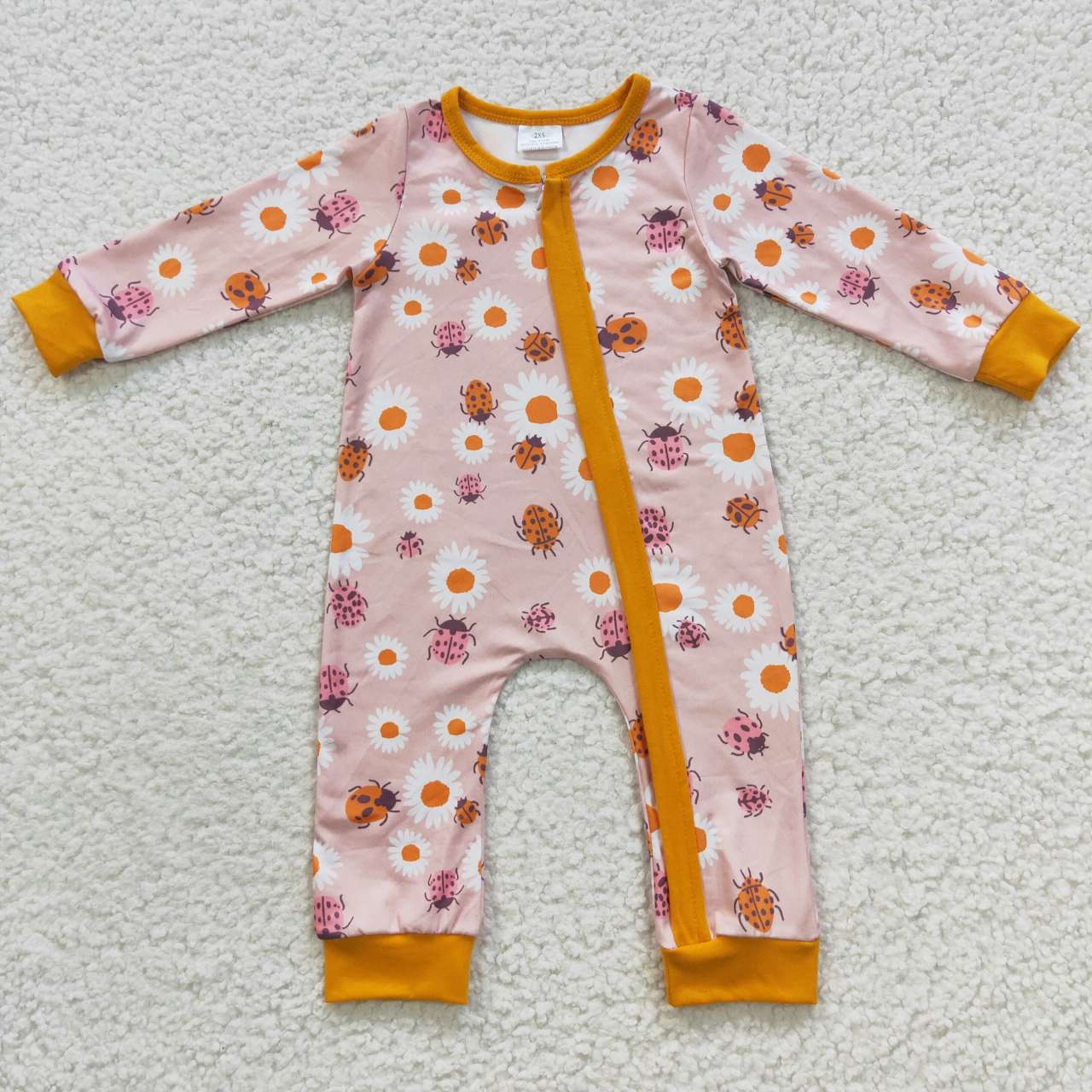 LR0311 Orange Yellow Floral Zipper Girls Long Sleeve Romper