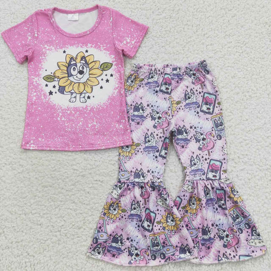 GSPO0689 Blue Dog Cartoon Purple Girls Short Sleeve Pants Outfits